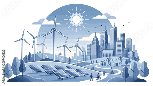 Sustainable city landscape with wind turbines and solar panels, blue monochrome eco friendly smart metropolis vector illustration