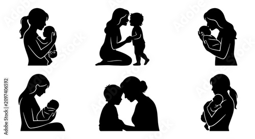 Canvastavla 70 Mother and Child Silhouettes, Nurturing Family Moments, Tender Parental Love,
