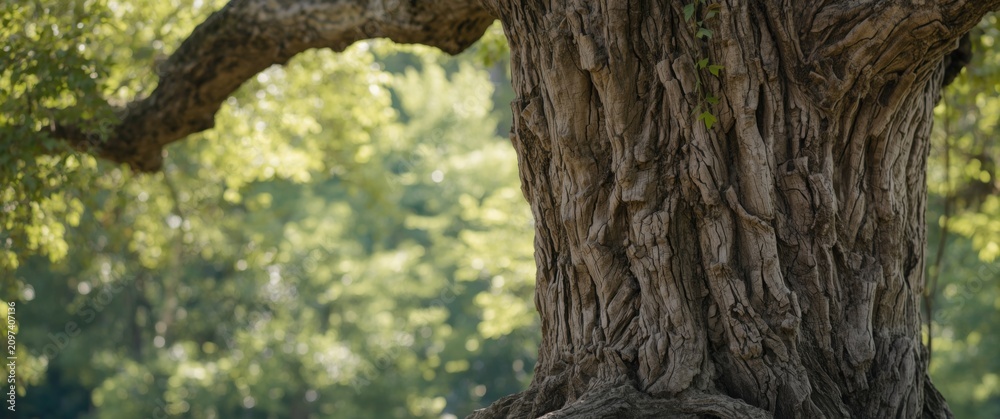 Fototapeta premium Detailed Bark of a Large Tree in Sunlit Green Park Setting