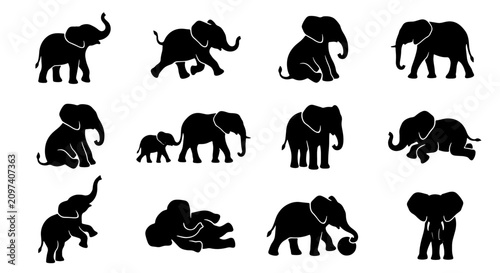 Canvastavla 70 Elephant Silhouette Collection, Diverse Poses Vector Icons, Baby and Adult An