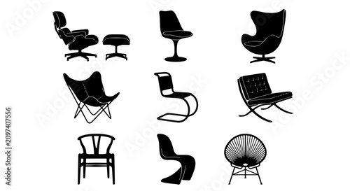 Fotografía 70 Iconic Mid-Century Modern Chairs Collection, Vector Silhouettes of Designer F