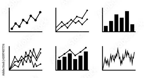 Fotografie 70 Set of Six Black and White Business Charts and Graphs, Data Visualization Ico