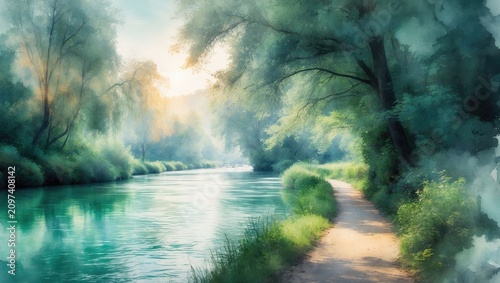 A watercolor depicting a brief view of the walk beside the river.