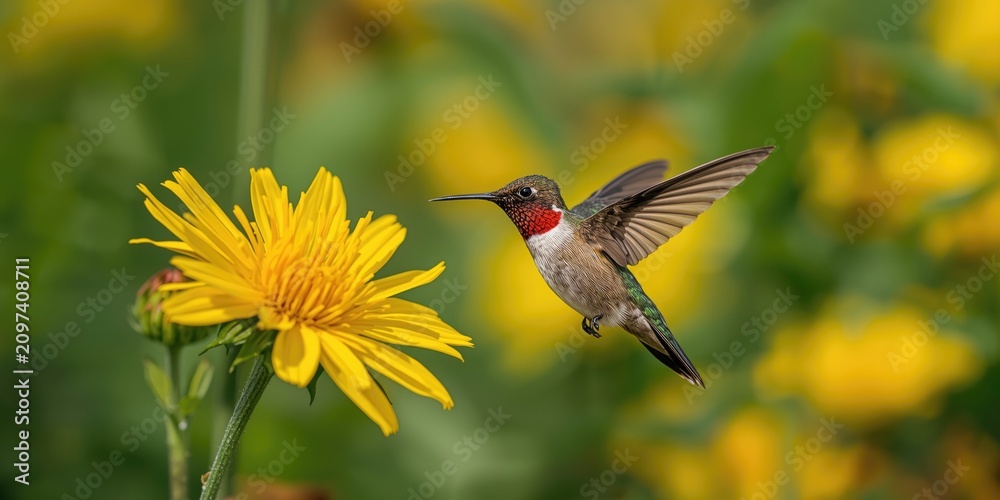 Obraz premium Hummingbird Hovering Near Bright Yellow Flower - Natural Garden Setting, Vibrant Colors