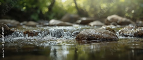 Clear Water Flowing Over Rocks in a Sunlit Stream with Greenery