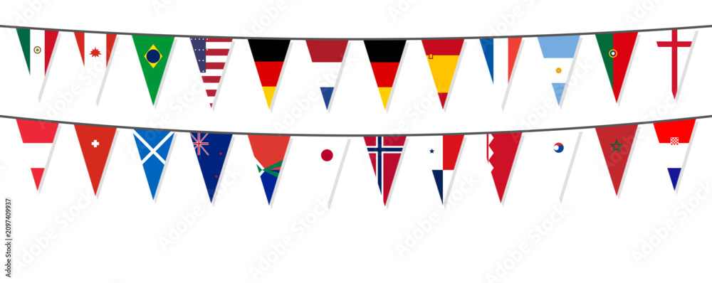 Obraz premium international flag bunting garland. world country pennant banner strings. festive national flag decoration for design. flat celebration bunting illustration 
