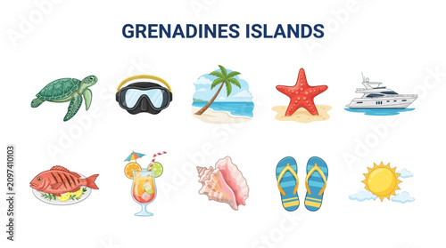 Cuadro en lienzo Flat vector illustration of Grenadines Islands travel vacation