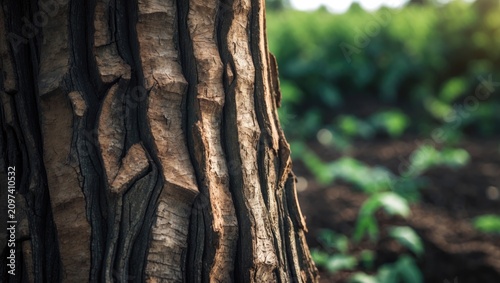 Close-Up of Teak Tree Bark Texture, Outdoor Teak Tree Trunk Bathed in Natural Light