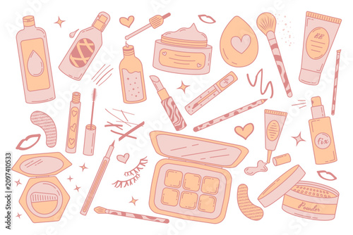 Bild auf Leinwand Hand-drawn art Doodle set of makeup, beauty, and skincare