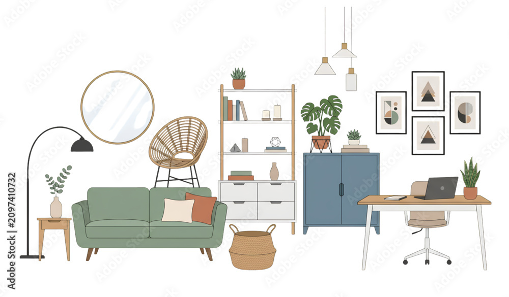 Fototapeta premium Minimalist Home Interior Furniture and Decor Flat Vector Elements Collection