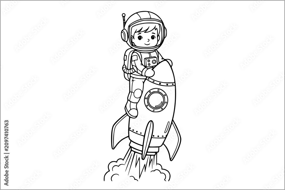 Obraz premium Cute Astronaut Riding Rocket Coloring Page for Children