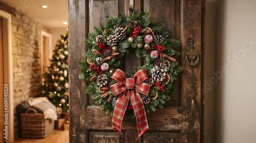 Traditional Christmas Wreath with Red Bow Hanging on Rustic Wooden Door