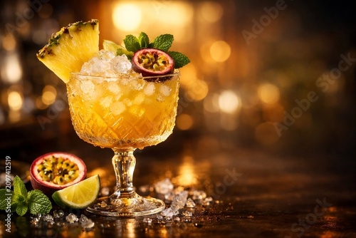 Tropical passion fruit and pineapple cocktail in a golden-lit bar setting