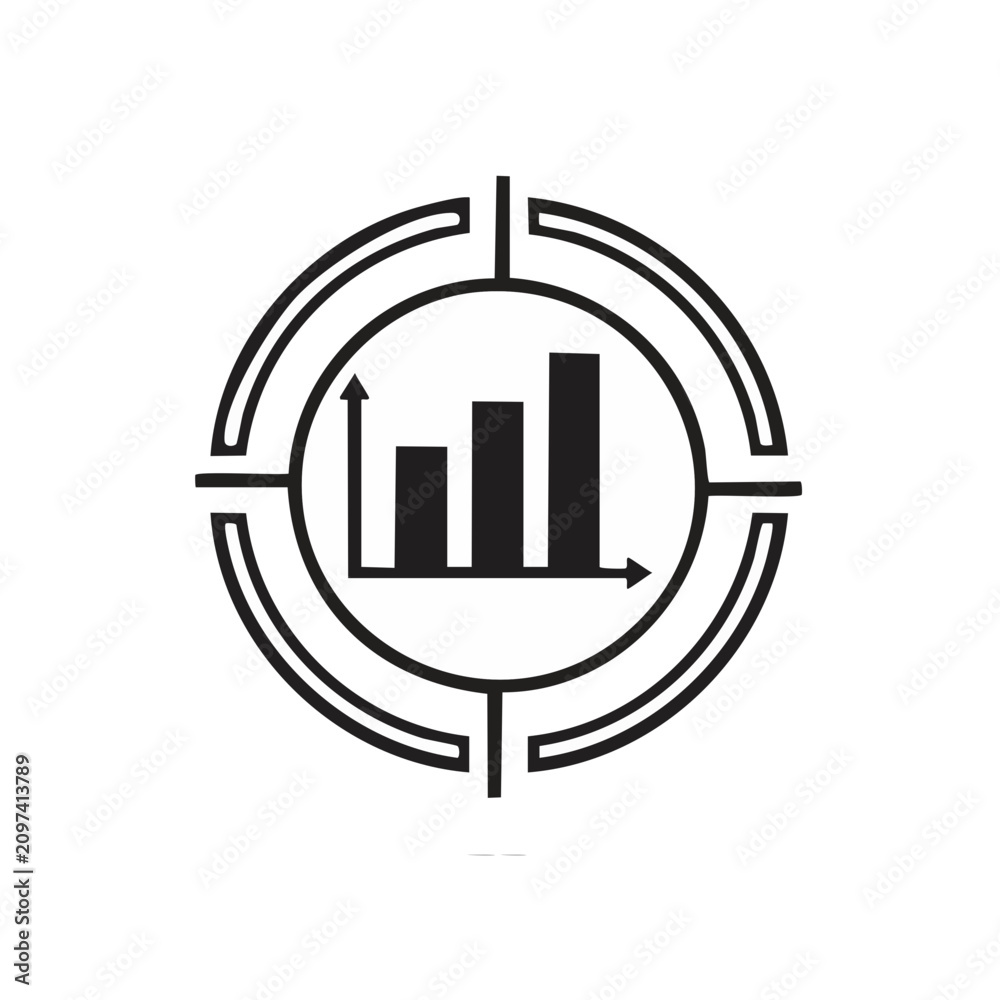 Obraz premium Targeting financial growth with a rising bar chart icon within a reticle symbol