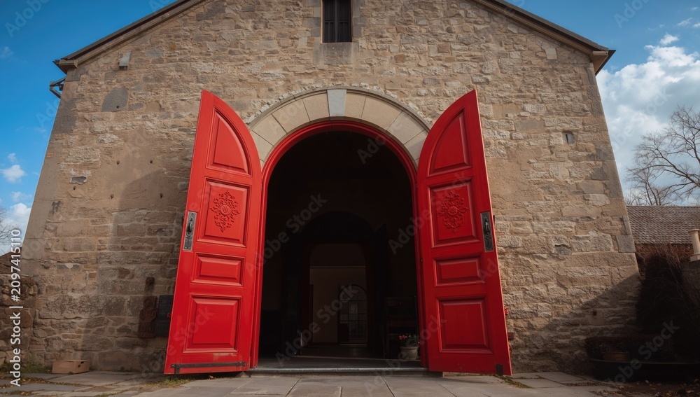 Obraz premium Red Double Doors Opened at a Historic Stone Building Under a Blue Sky