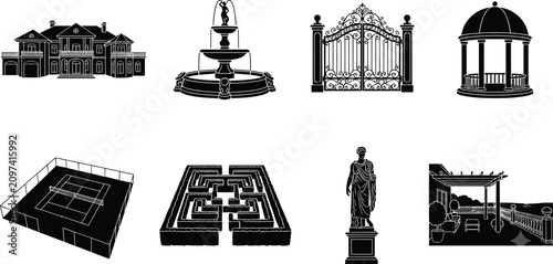 Fotografía Luxury mansion estate exterior elements silhouette set featuring villa gate foun