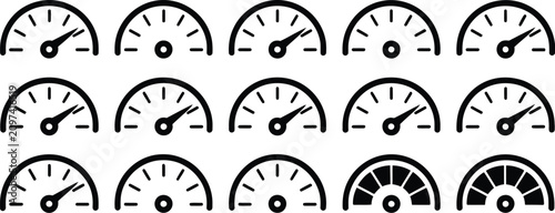 Gauge icons featuring speed meter, dashboard dial, tachometer, and automotive instrument symbols for vehicle interface design.