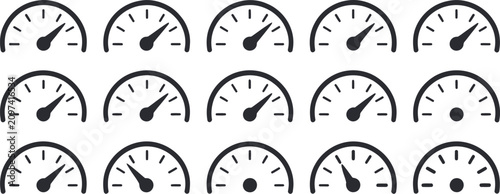 Gauge icons featuring speed meter, dashboard dial, tachometer, and automotive instrument symbols for vehicle interface design.