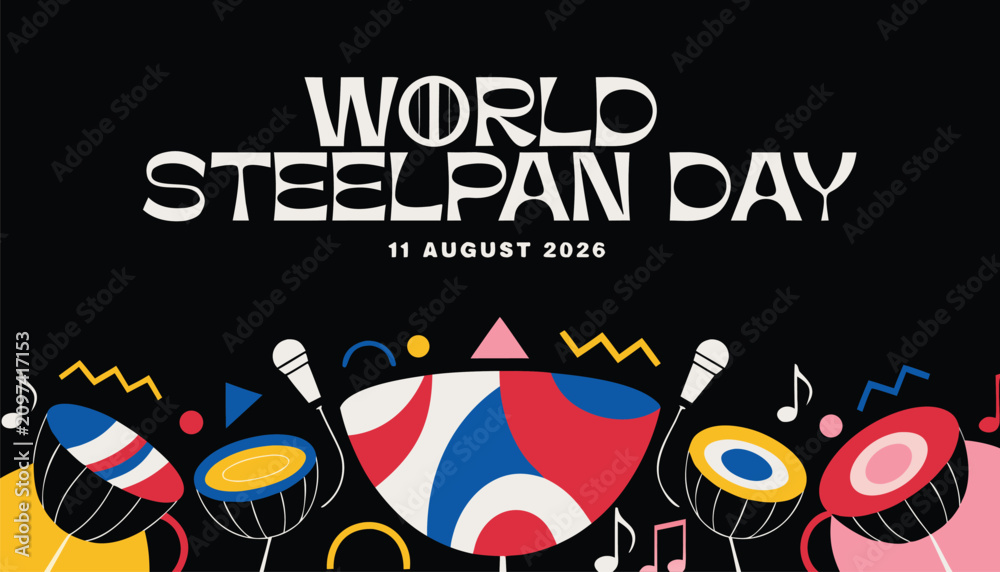 Obraz premium Colorful world steelpan day banner with vibrant musical instrument illustrations