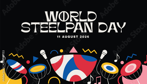 Colorful world steelpan day banner with vibrant musical instrument illustrations