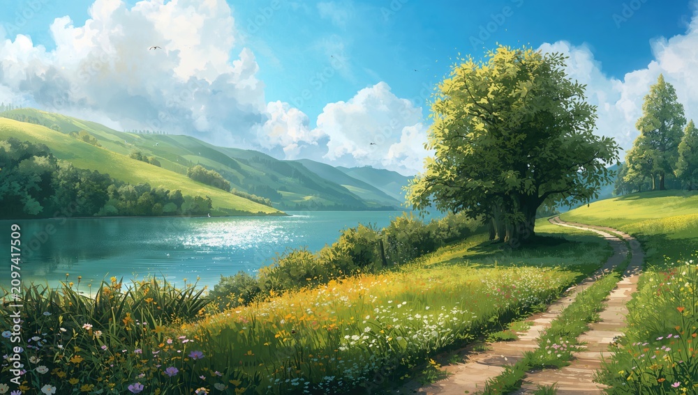 Naklejka premium Serene Landscape with River and Green Hills on a Sunny Day