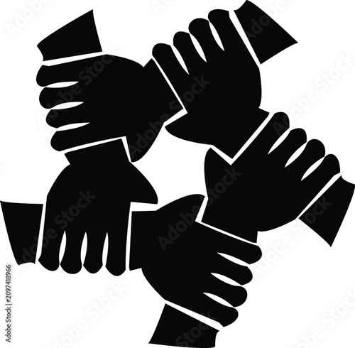 Vector illustration of five hands holding each other's wrists in a circle, representing unity, teamwork, and strong connection