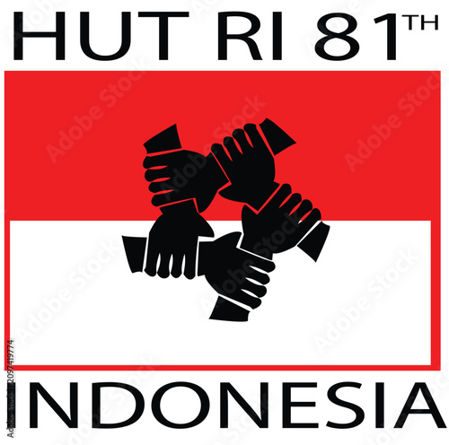 Indonesian Independence Day graphic with united hands emblem over the national flag colors