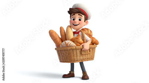 AI-Generated cute 3D cartoon baker holding a basket filled with fresh artisan bread and pastries, celebrating baking, craftsmanship, homemade goodness, bakery tradition, and joyful service.