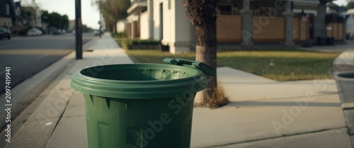 Green Trash Bin on Sidewalk - Urban Residential Street, Daylight, Close-Up