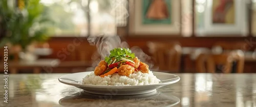 Panel kuchenny z motywem Steaming Shrimp Stir-Fry with Rice - Restaurant Setting, Warm Atmosphere, Close-Up