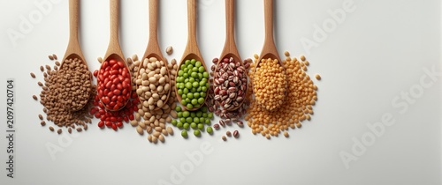 Variety of Colorful Dried Pulses and Legumes in Wooden Spoons on White Background