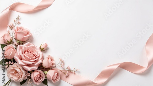 Luxury floral border graphic with graceful soft blush pink artificial rose flowers bouquet, with delicate green leaves, with elegant flowing pale pink silk satin fabric ribbon, clean white background