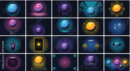 Tableau sur toile Magical mystical crystal ball and fortune telling element bundle with neon glow, sparkle, flare, and cosmic burst effects