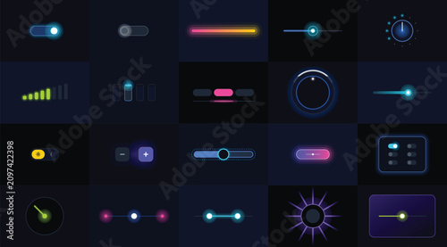 Konstfotografi Neon glow UI elements bundle set featuring digital sliders, toggle switches, and