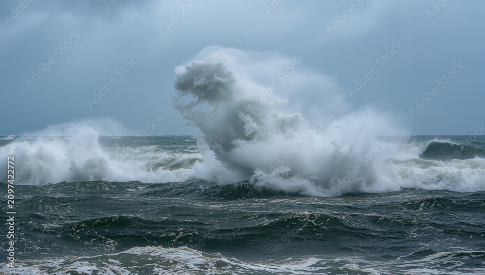 Fototapeta premium Powerful Ocean Waves Crashing - Stormy Seascape, Dramatic Lighting