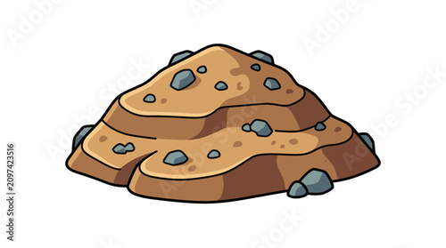 Cartoon Dirt Pile with brown soil mound and scattered grey stones on white background ideal for construction icons or educational illustrations.
