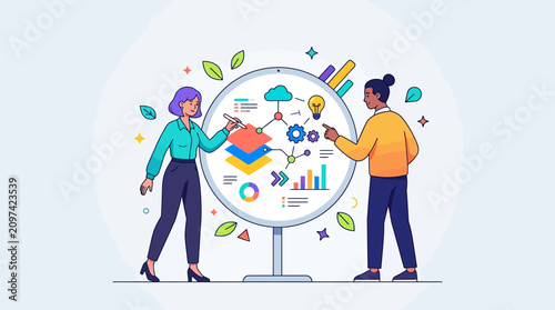 Business Strategy Illustration of a diverse team analyzing data on a large circular dashboard with icons, ideal for corporate presentations and tech blog headers.