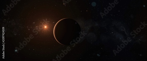 Celestial Body Orbiting a Star in a Dark Cosmic Space with Starry Background