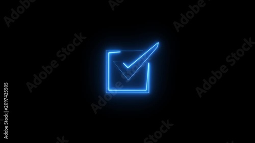 Blue neon checkbox animation with glowing check mark icon moving on black background clip.
