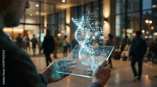 Futuristic DNA Hologram on Transparent Tablet in Modern Office