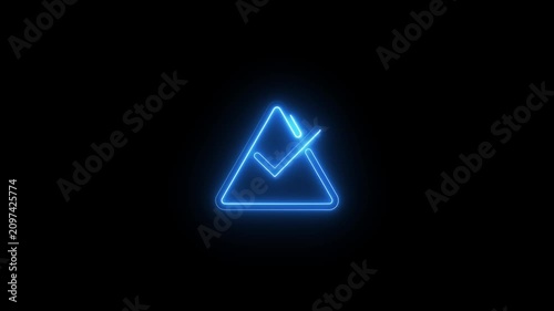 Blue neon triangle with checkmark symbol animation motion graphic on black background.