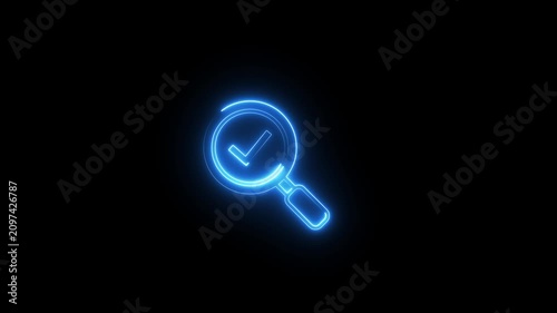 Neon checkmark inside magnifying glass motion graphic animation on black background.