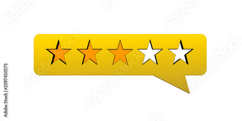 Foto Three star rating out of five in a yellow speech bubble isolated on white backgr