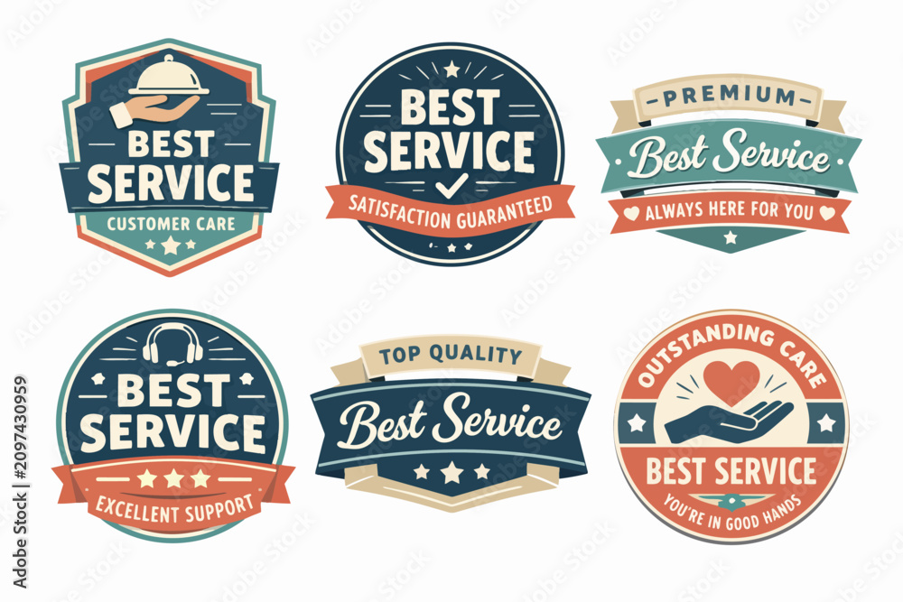 Fototapeta premium Best service badges set offering customer quality, premium support, satisfaction guaranteed, and outstanding care