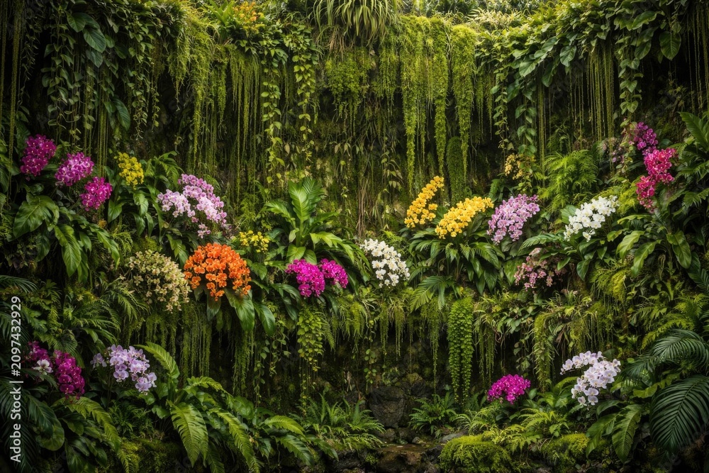 Fototapeta premium Vibrant Orchid Garden Wall with Lush Greenery and Cascading Vines