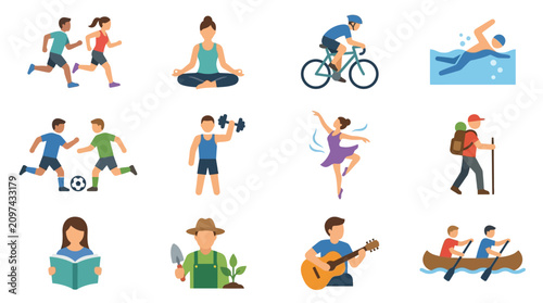 Tableau sur toile Vector illustration of people participating in various recreational activities outdoors and indoors with set vector
