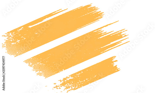 Three abstract yellow and orange grunge diagonal brush strokes with rough halftone edges vector illustration