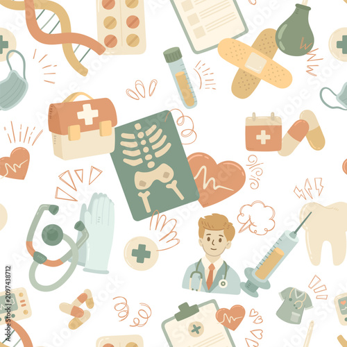 Medicine health care seamless pattern set featuring bandage heart doctor stethoscope glove syringe capsule test tube card bag x ray