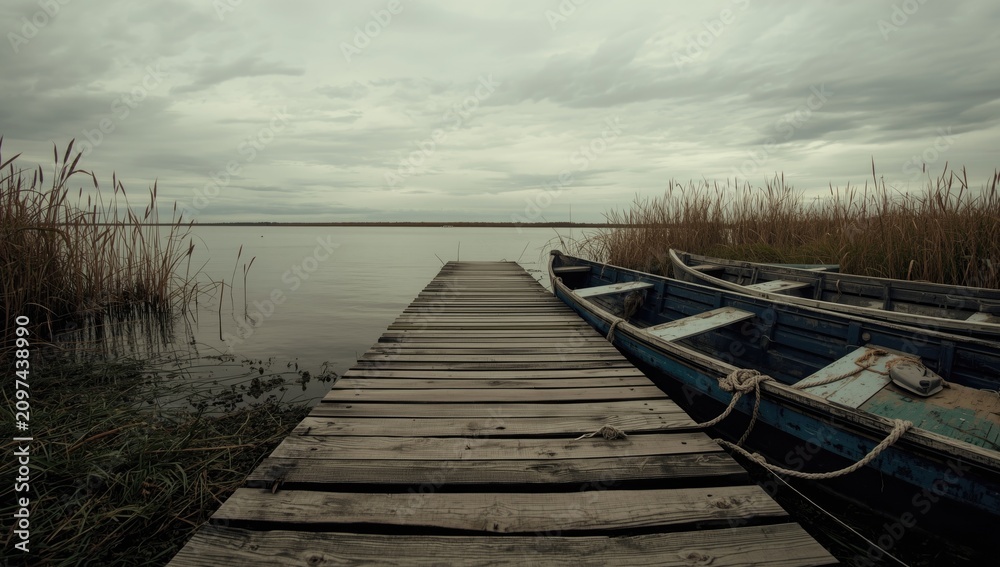 Fototapeta premium Wooden Dock Extending into Calm Water with Boats and Reeds on a Cloudy Day