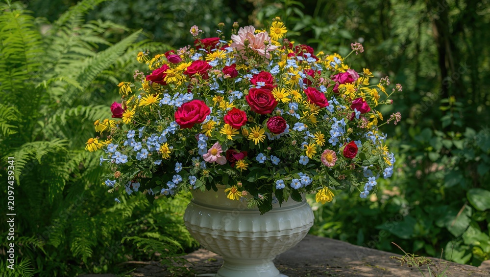 Naklejka premium Vibrant Flower Arrangement in a White Vase Surrounded by Lush Greenery